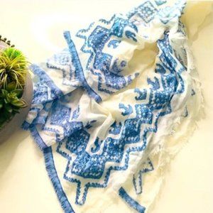 Anthropologie - Shawl / Scarf Ahujasons Cotton White w/ Blue Flowers, Fringe